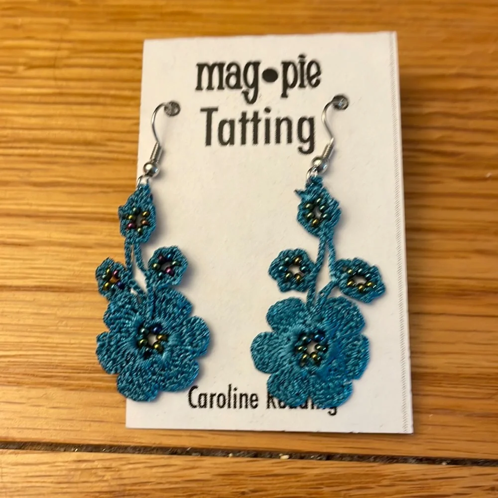 Blue delicately crocheted earrings with small beads. Never worn. - Picture 1 of 6